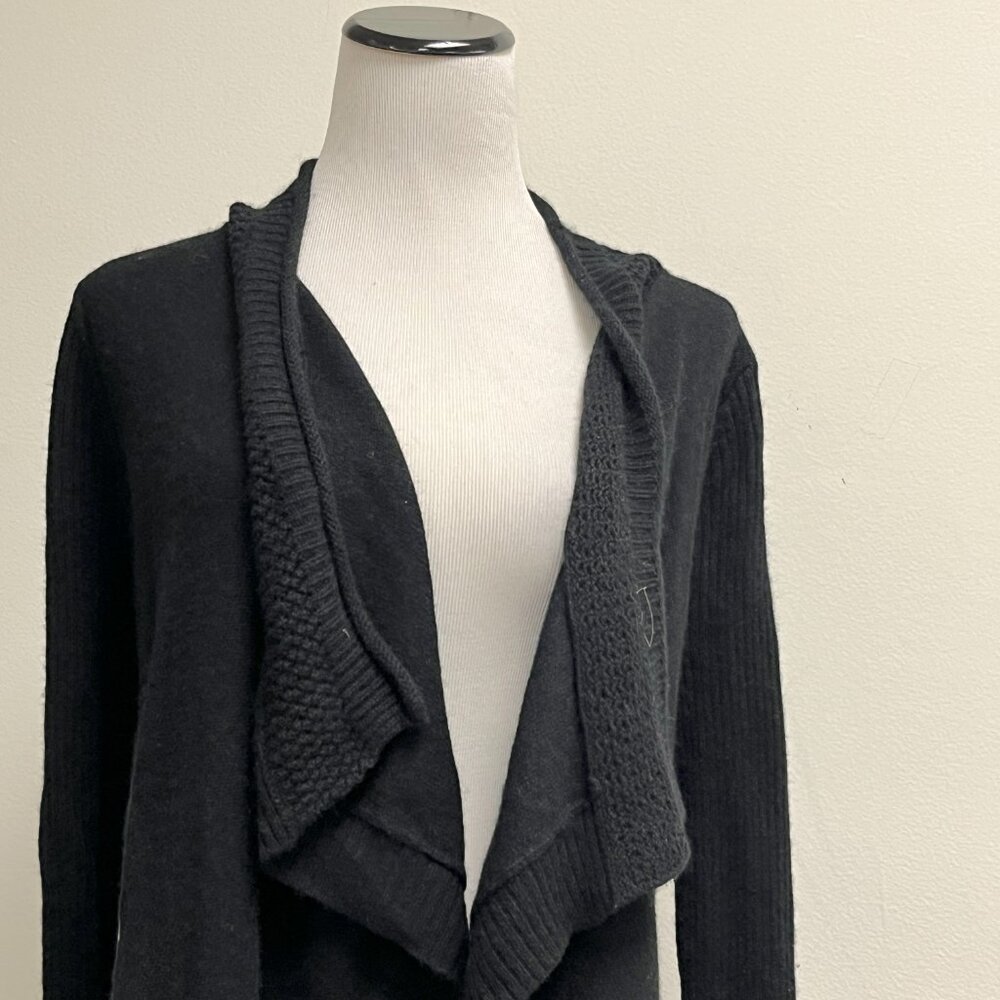 Aqua Black cashmere drape cardigan sweater jacket S crochet accents oversized - Picture 3 of 7